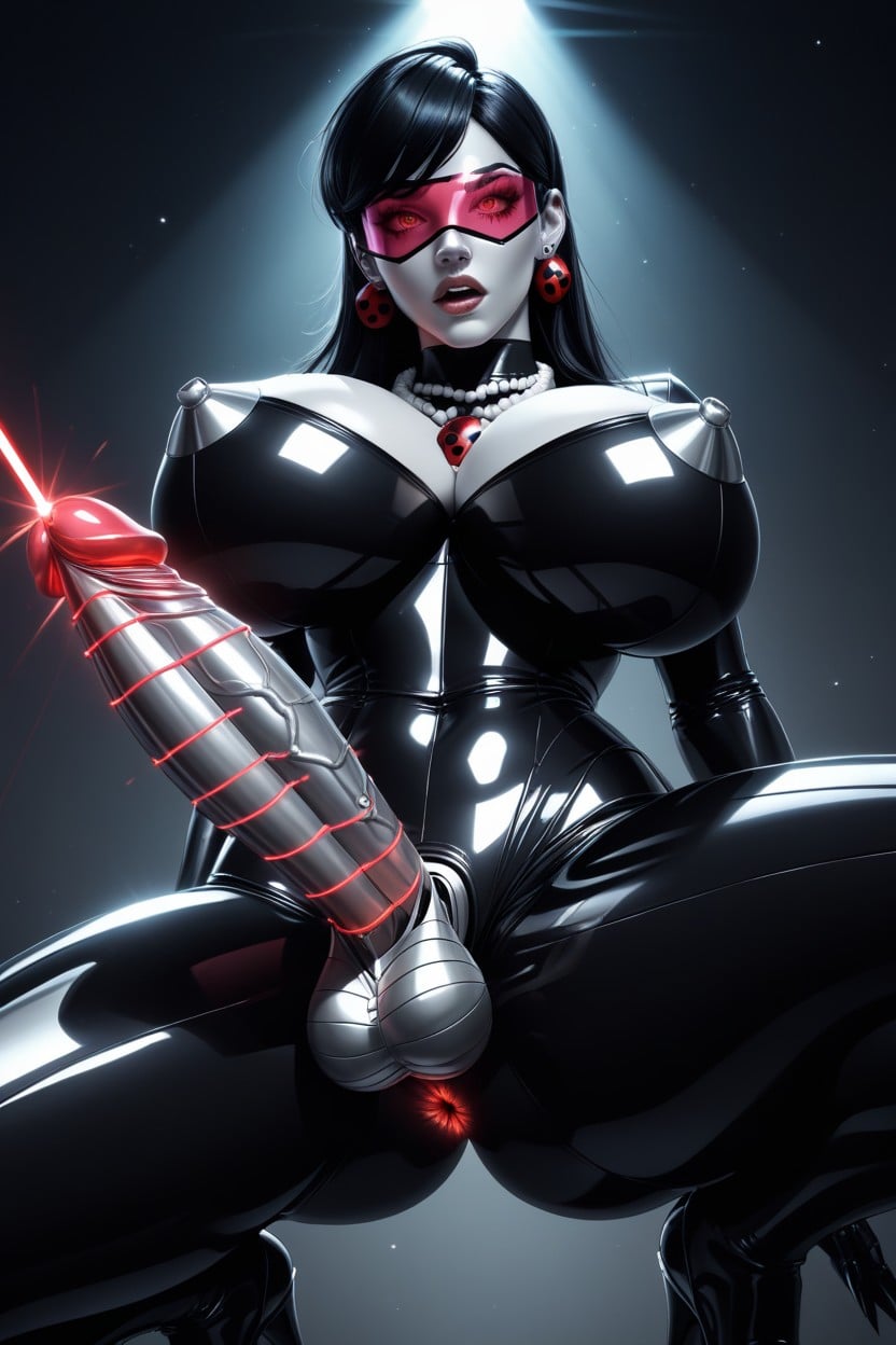 Metallic Robot Penis Attached With Metallic Pussy, Diamond Earrings, Glowing Eyes AI Porn