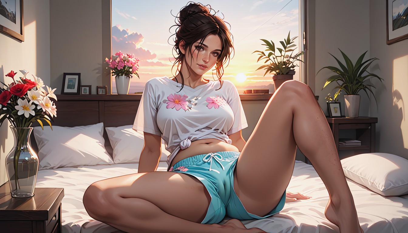 Sunrise, Messy Hair Bun, Lara Croft Hentai AI Porn