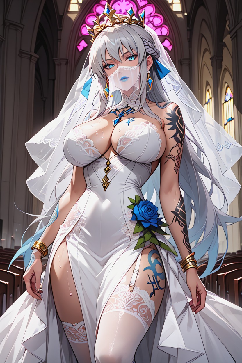 Body Jewelry, Huge Golden Crown, Excessive Tattoos On Arms Hentai AI Porn