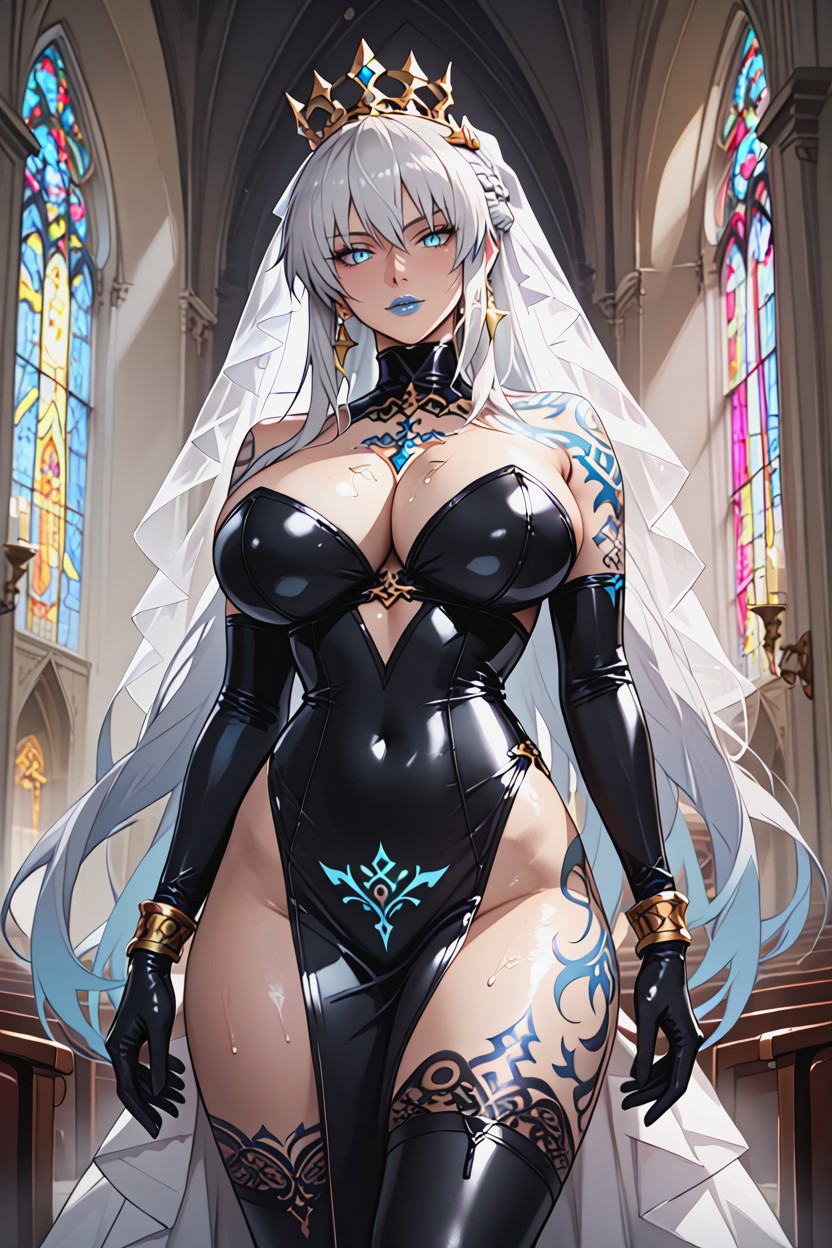 Black Latex Strapless Top, Huge Breasts, Front View Hentai AI Porn