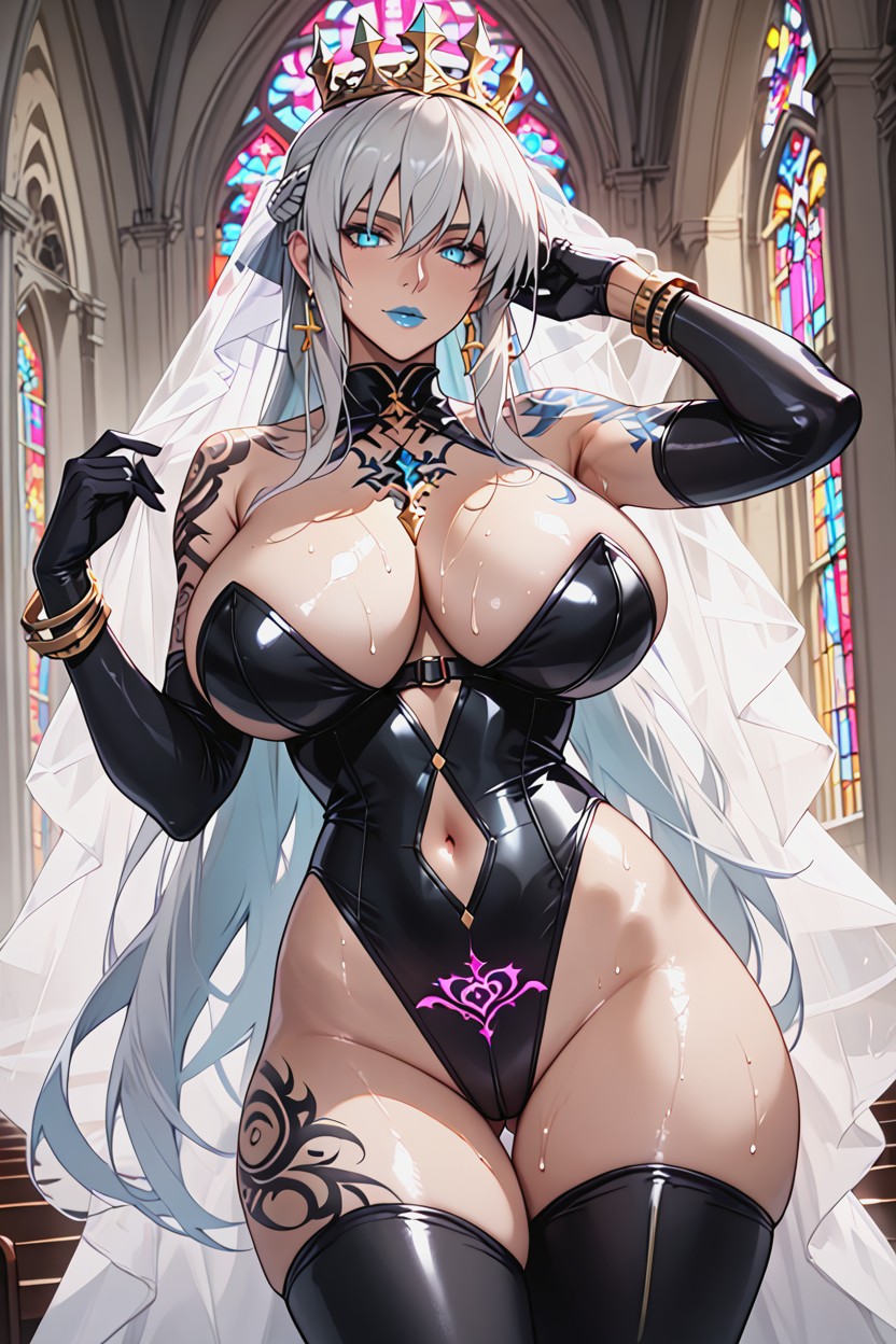 Body Jewelry, Black Latex Stockings, Huge Breasts Hentai AI Porn