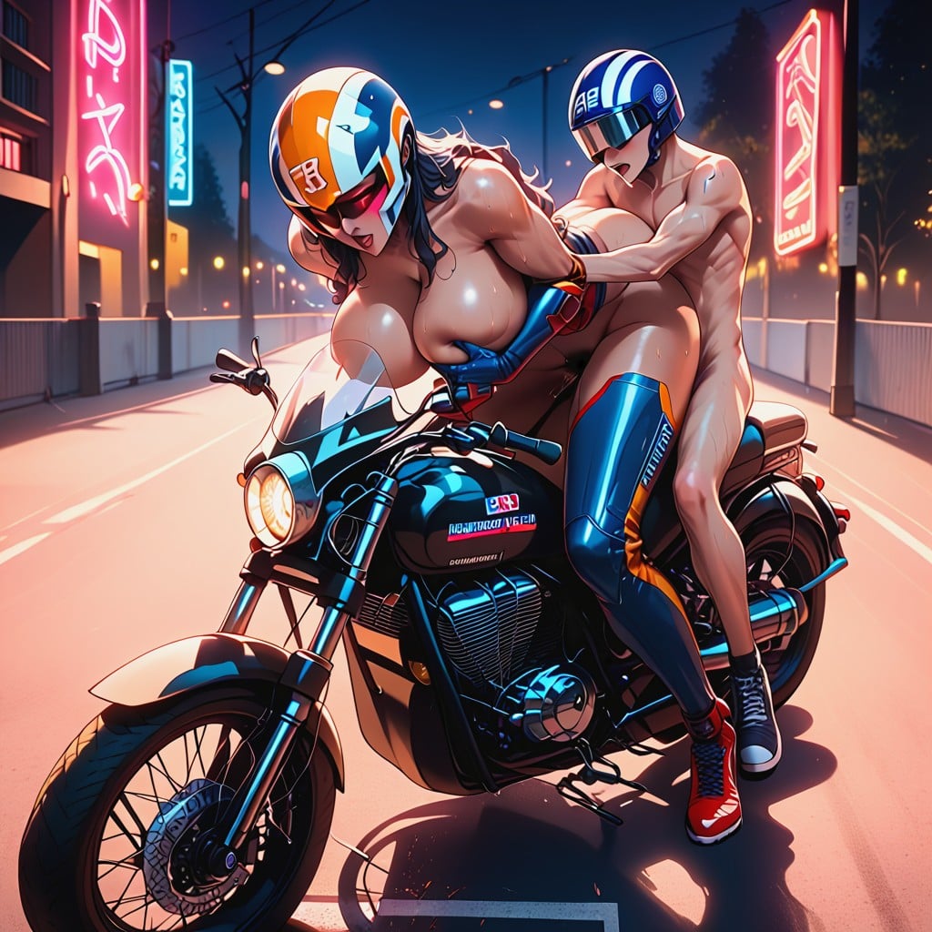 Fucking On A Motorcycle, High Angle View, Side View Hentai AI Porn