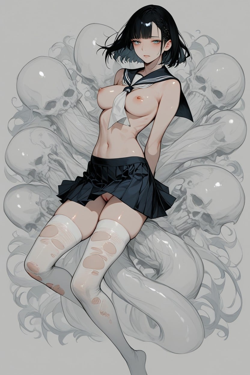 Glowing Blue Ghost Cocks, Ripped Stockings, Medium Breast Hentai AI Porn