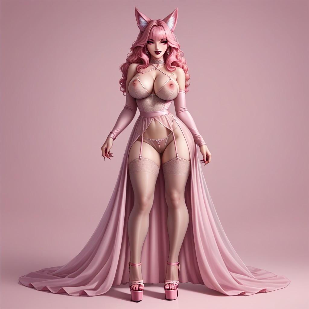 Showing Crotchless Lace Panties, Legs Spread, Curly Pink Hair Furry AI Porn