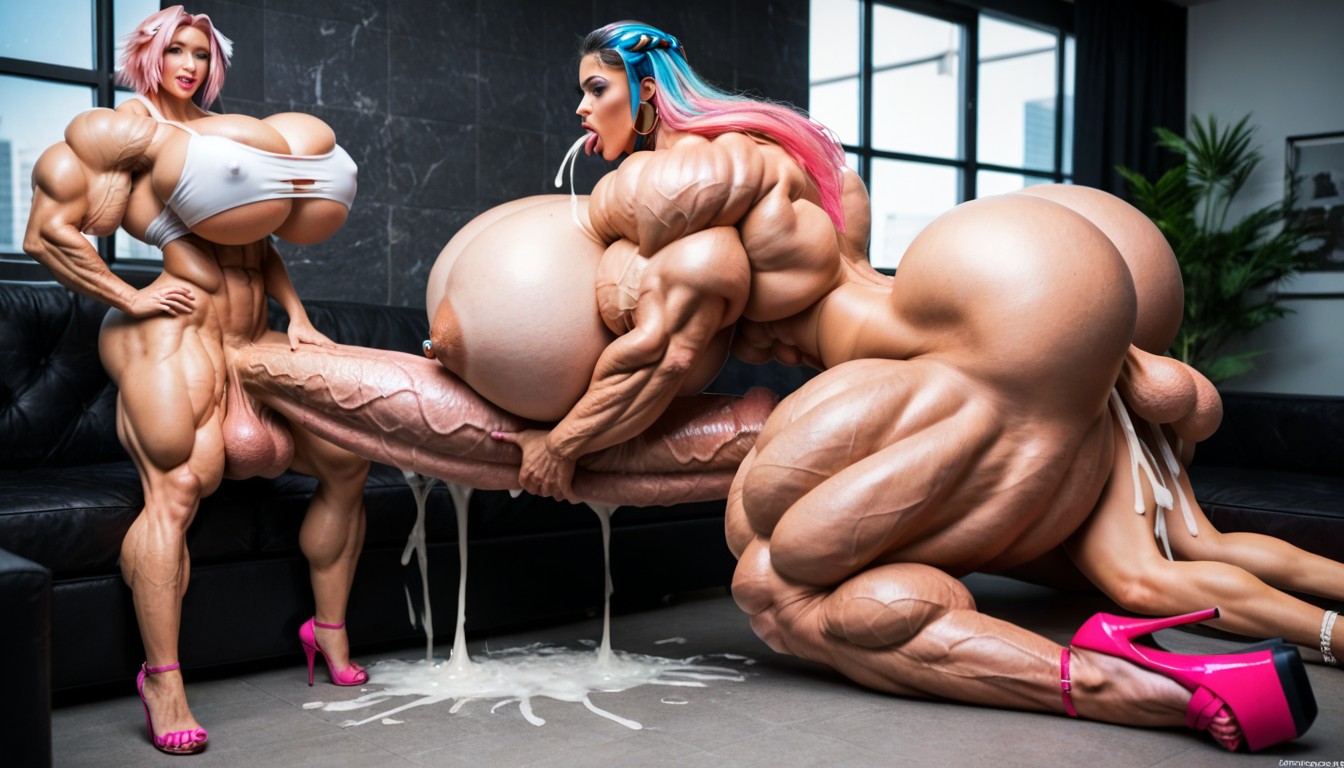Threesome Futanari, Ahegao, Bottom Heavy Shemale AI Porn