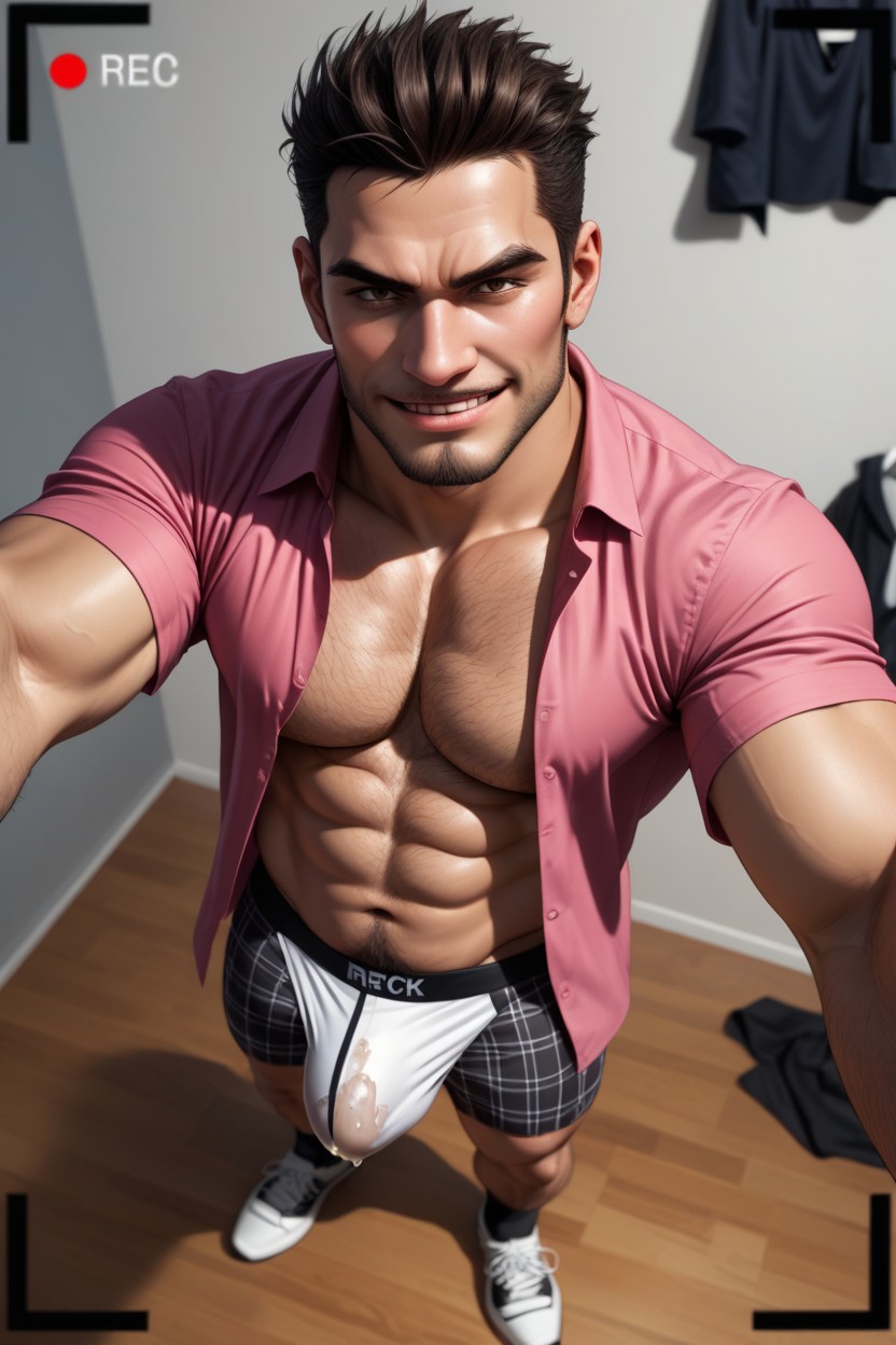 Black Hair, Wearing Plaid Boxer Briefs, Male Bodies Only AI Gay Porn