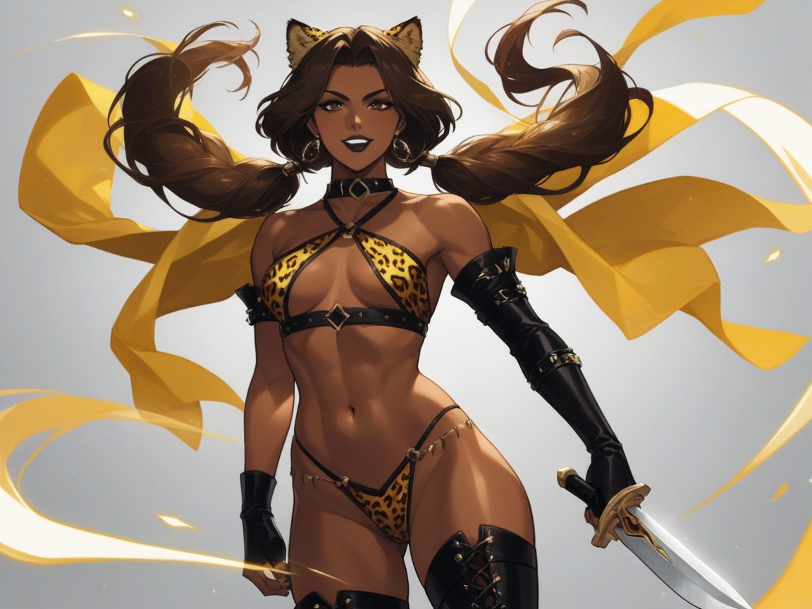 Snatched Waist, Brown Eyes, Wearing Leopard Print Black Fantasy Clothes Hentai AI Porn