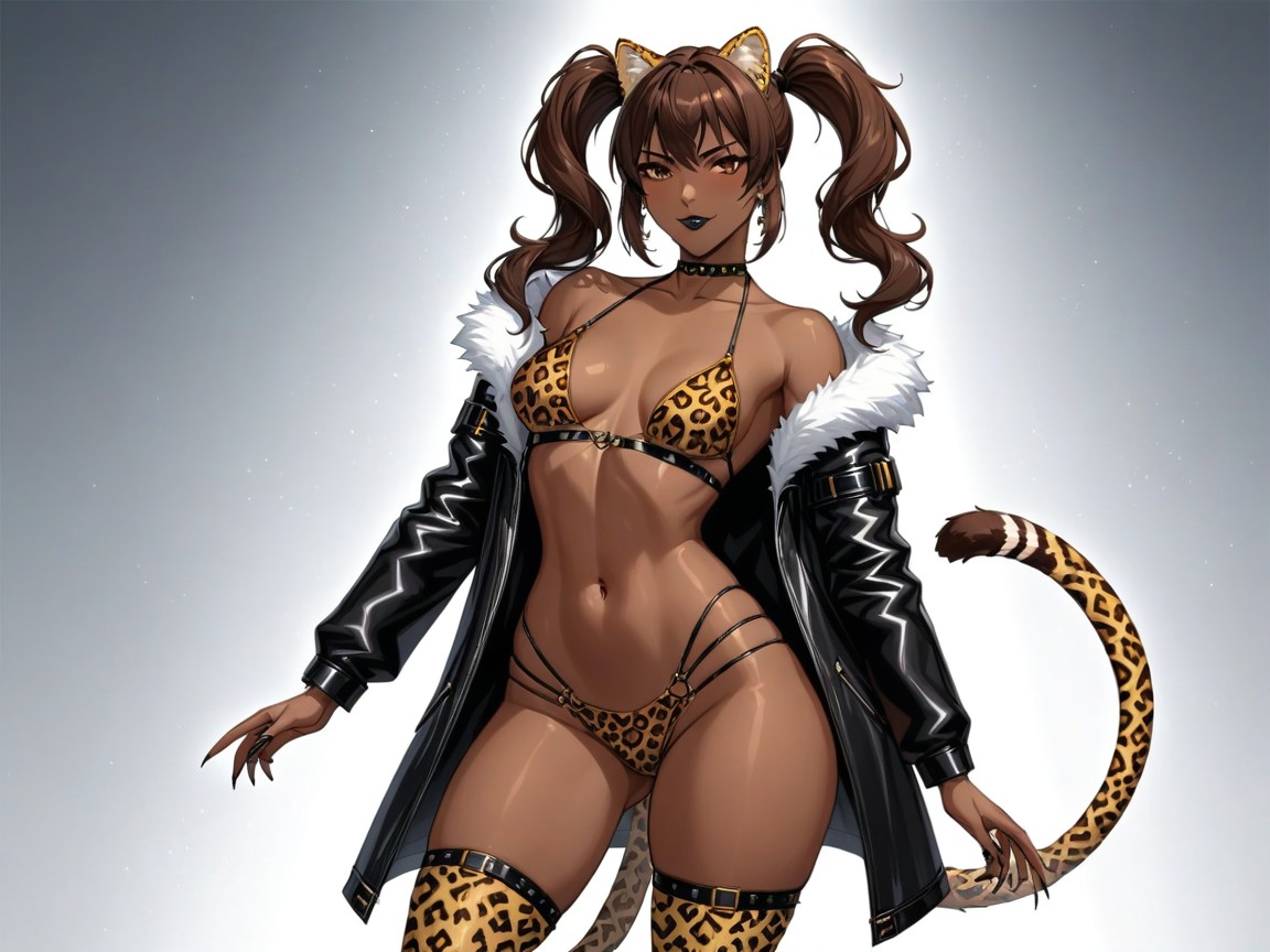 Operative, Wearing Leopard Print Black Futuristic Clothes, 茶色の目 ラティーナAIエロ