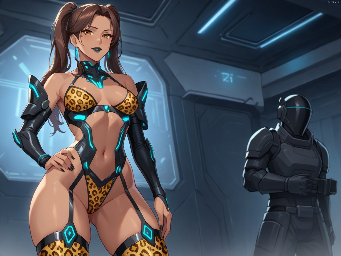 Leopard Tail, Black Robotic Light Armor, Hips Wider Than Shoulders 라틴 AI 야짤