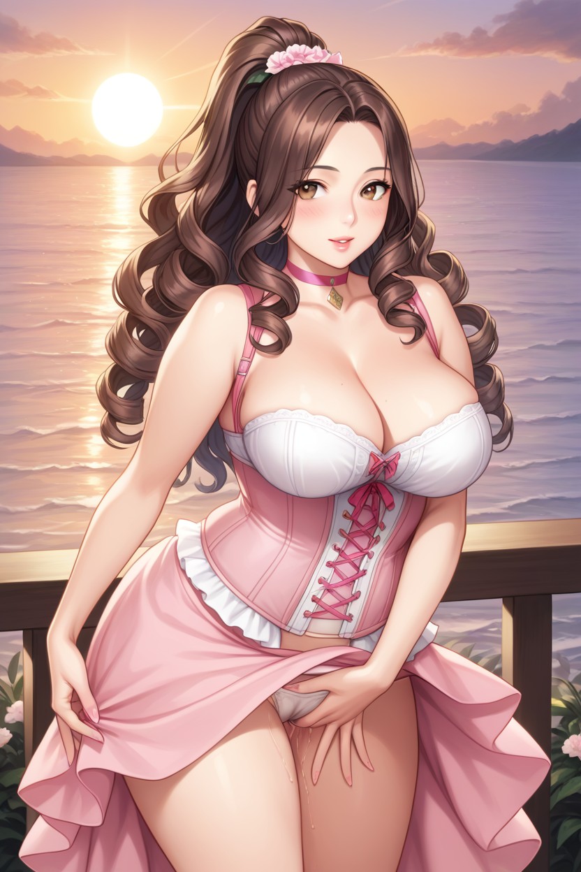 Outdoors, Low Waisted Puffy Pink Skirt, Big Perfect Breast Hentai AI Porn
