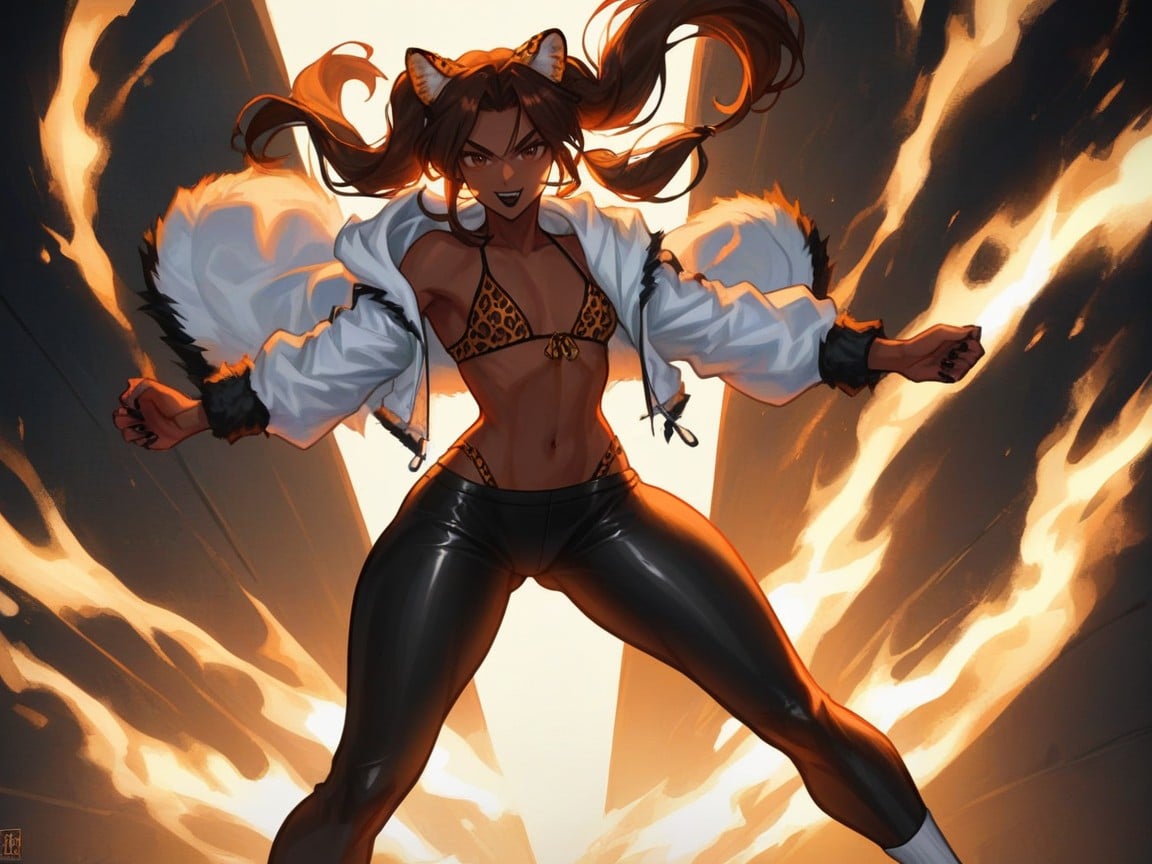 Leopard Ears, Fists Up Fighting Pose, Skinny AI Porn