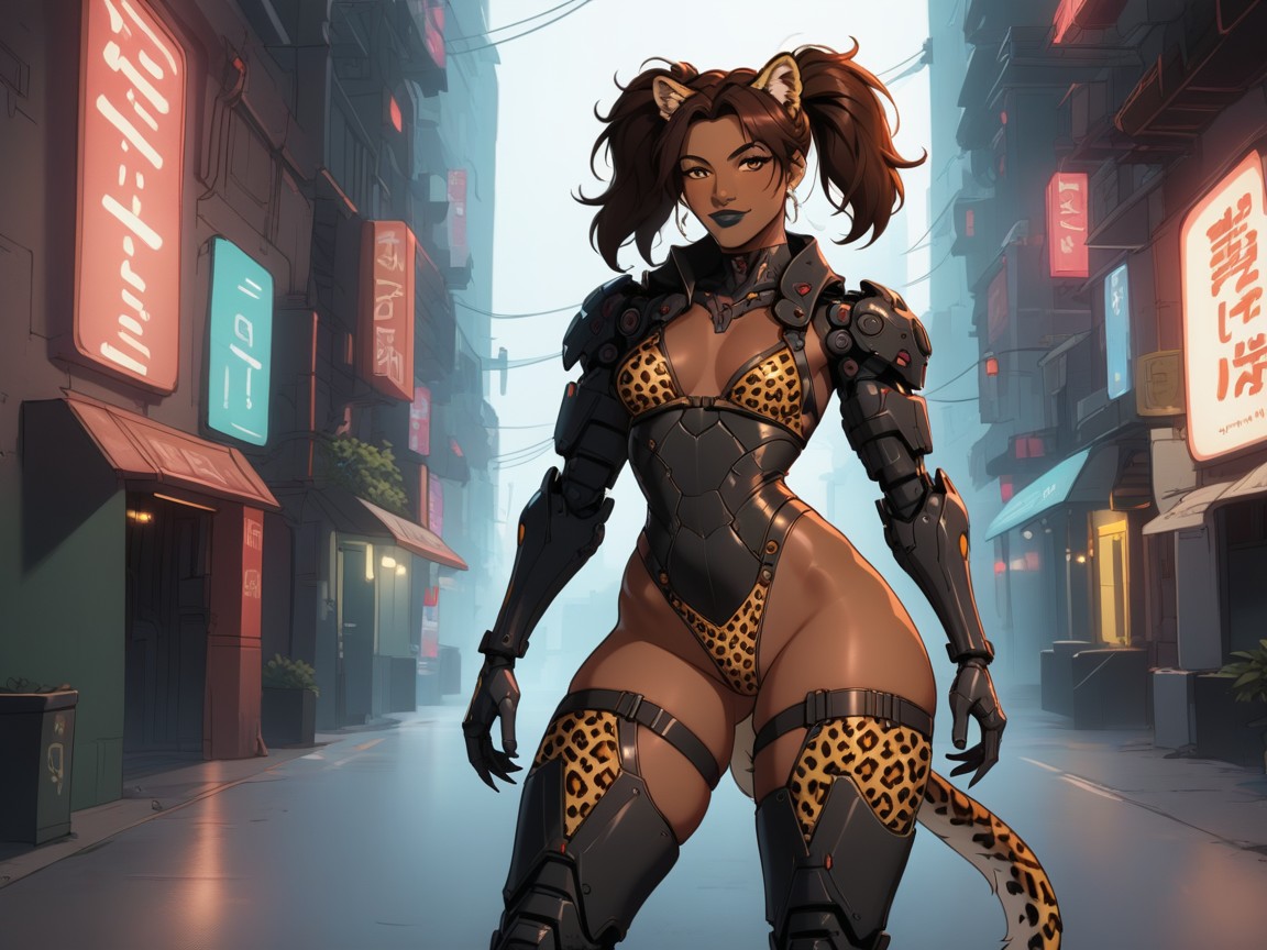 Leopard Print Long Coat, Futuristic Setting, Black Robotic Light Armor Porno latina IA