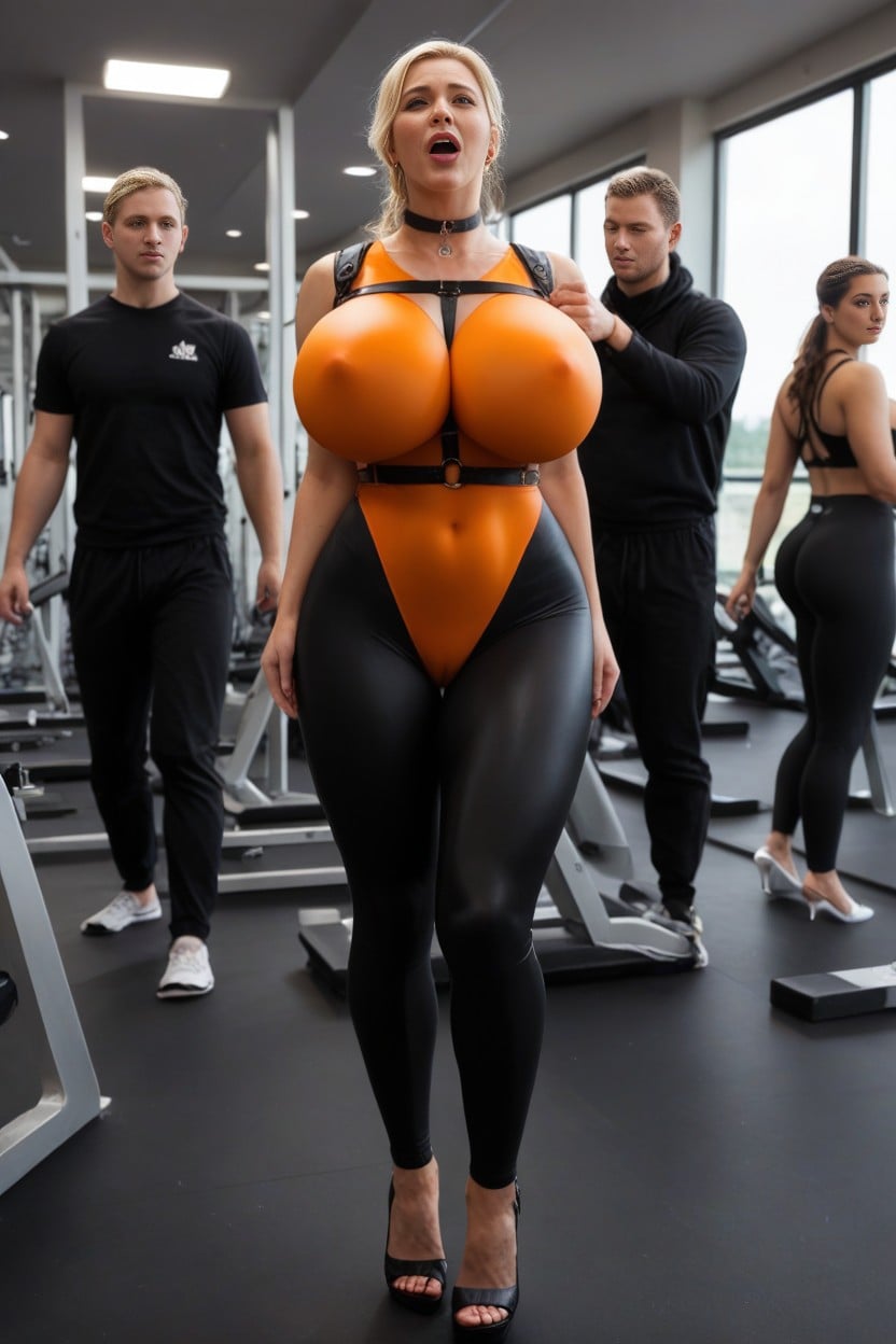 Orange Nylon Spandex Bodysuit Is Wet, Orange Nylon Spandex Bodysuit Have No Seam, High Heels AIポルノ