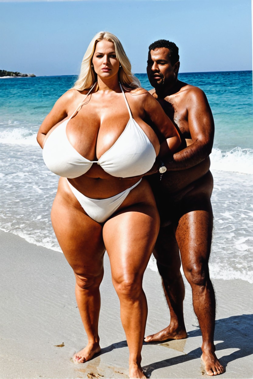 Very Ugly, Woman And Man Standing On A Filthy Beach, Long Length AI Porn