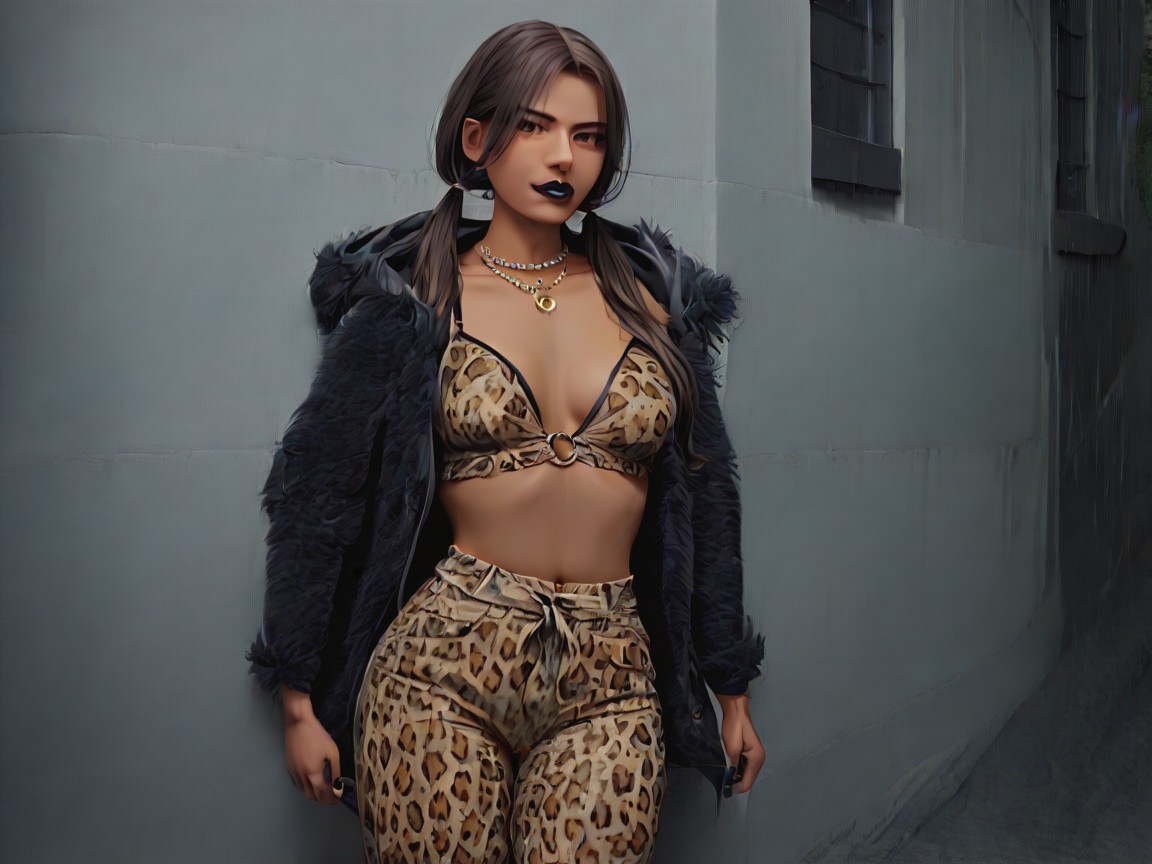 Wearing Leopard Print Black Modern Clothes, Sloped Shoulders, 18+ AI 포르노