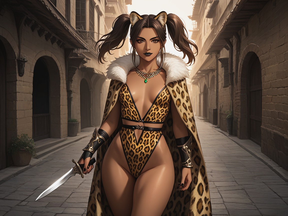 Wearing Leopard Print Black Fantasy Clothes, Brown Eyes, Small Breasts Hentai AI Porn