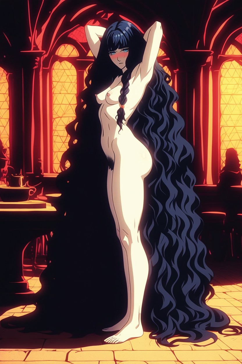 Black Hair, Standing In The Medieval Tavern, Side Swept Bangs AI Porn