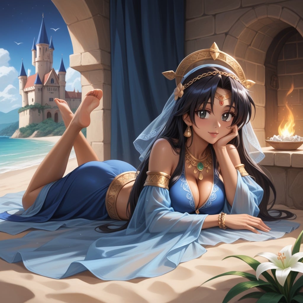 Huge Head, Blue Medieval Belly Dancer Dress, Hands On Cheeks AI Porn