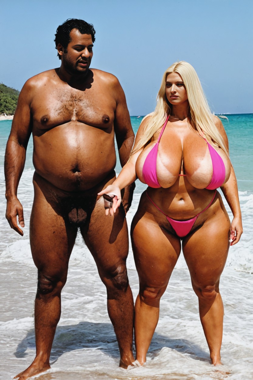 Beach, Embarrassed , Dark Brown Skin Fat Indian Man Wearing White Underwear AI Porn