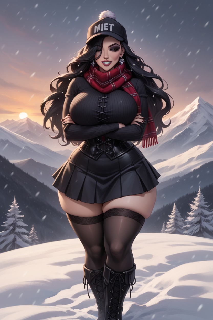 Huge Gigantic Breasts, Snow, Condensation On Mouth Hentai AI Porn