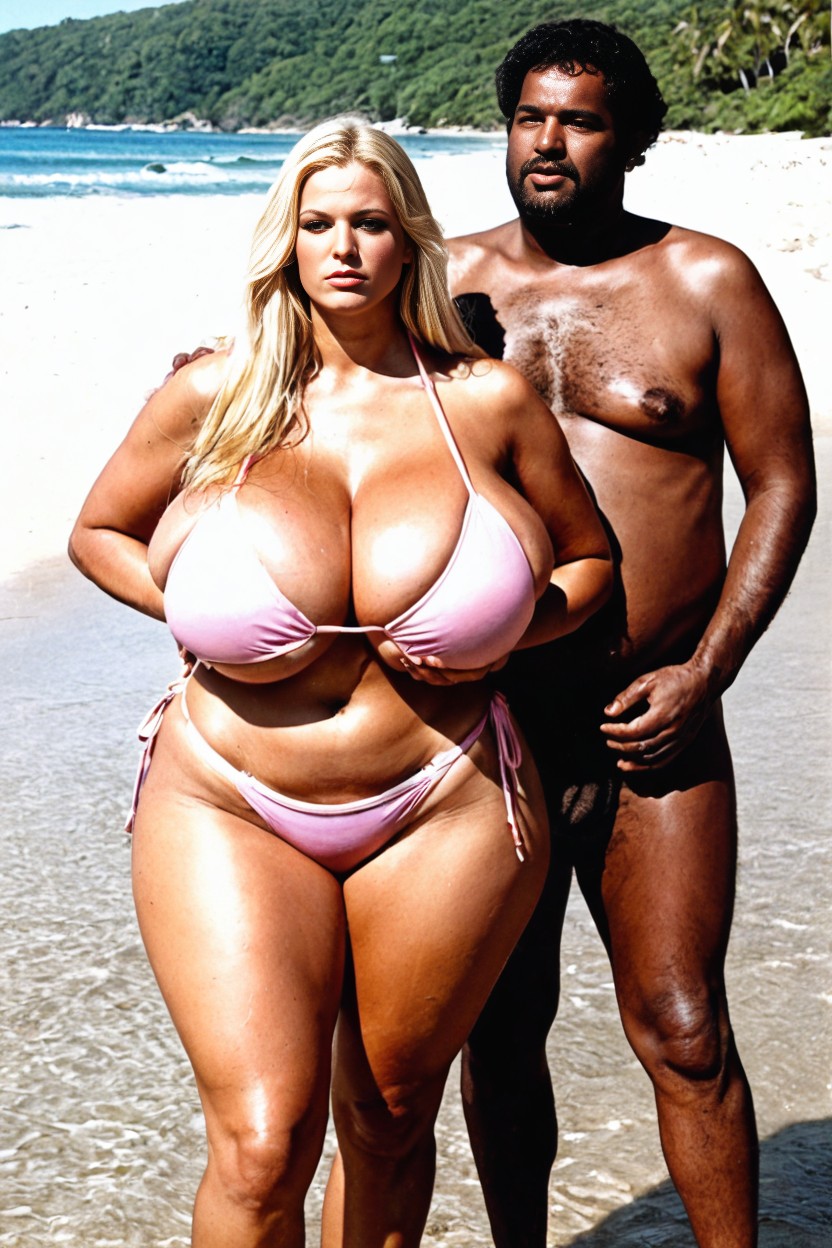 Playa, Woman And Man Standing On A Filthy Beach, Huge Thighs Porno IA