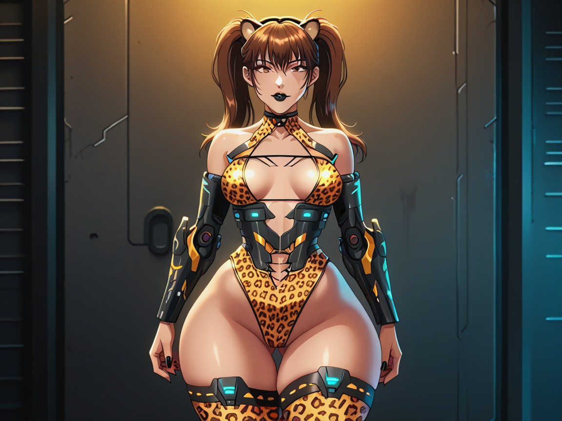 Low Torso Height, Leopard Print Cargo Pants, Sloped Shoulders Latina AI Porn