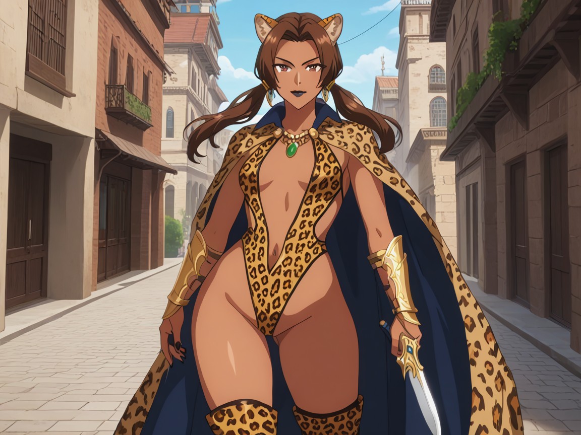 Mischievous Pretty Face, Dark Brown Skin, Leopard Cape Hentai AI Porn