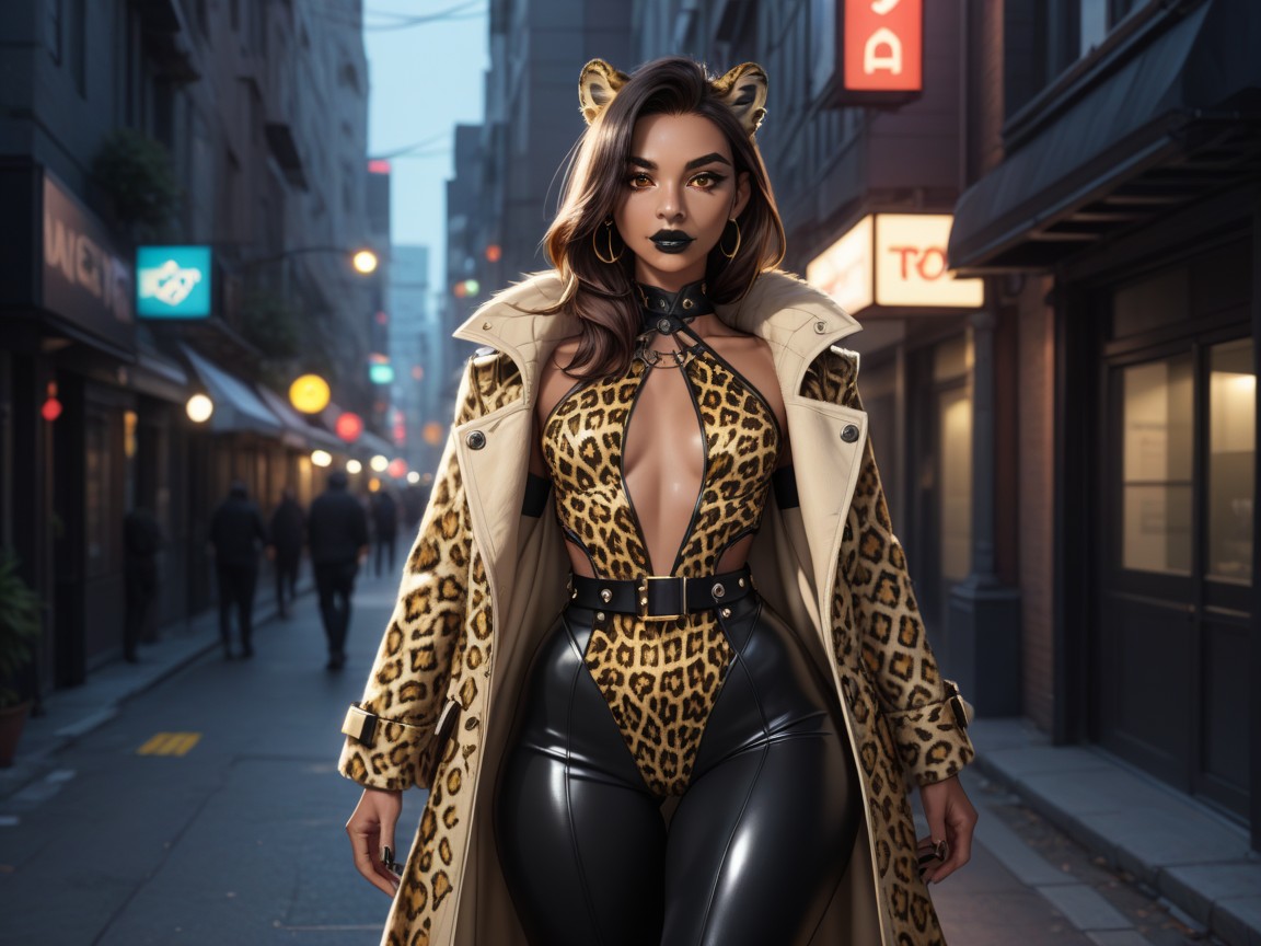 Wearing Leopard Print Black Futuristic Clothes And Armor, Leopard Print Cargo Pants, Leather And Fur Textures Porno latina IA