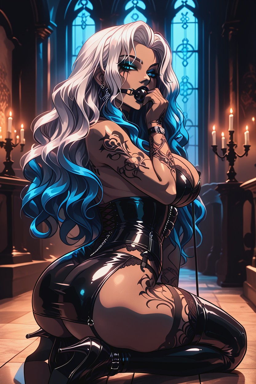 Rear View, Ball Gag, Kneeling On A Gothic Chamber Floor Hentai AI Porn
