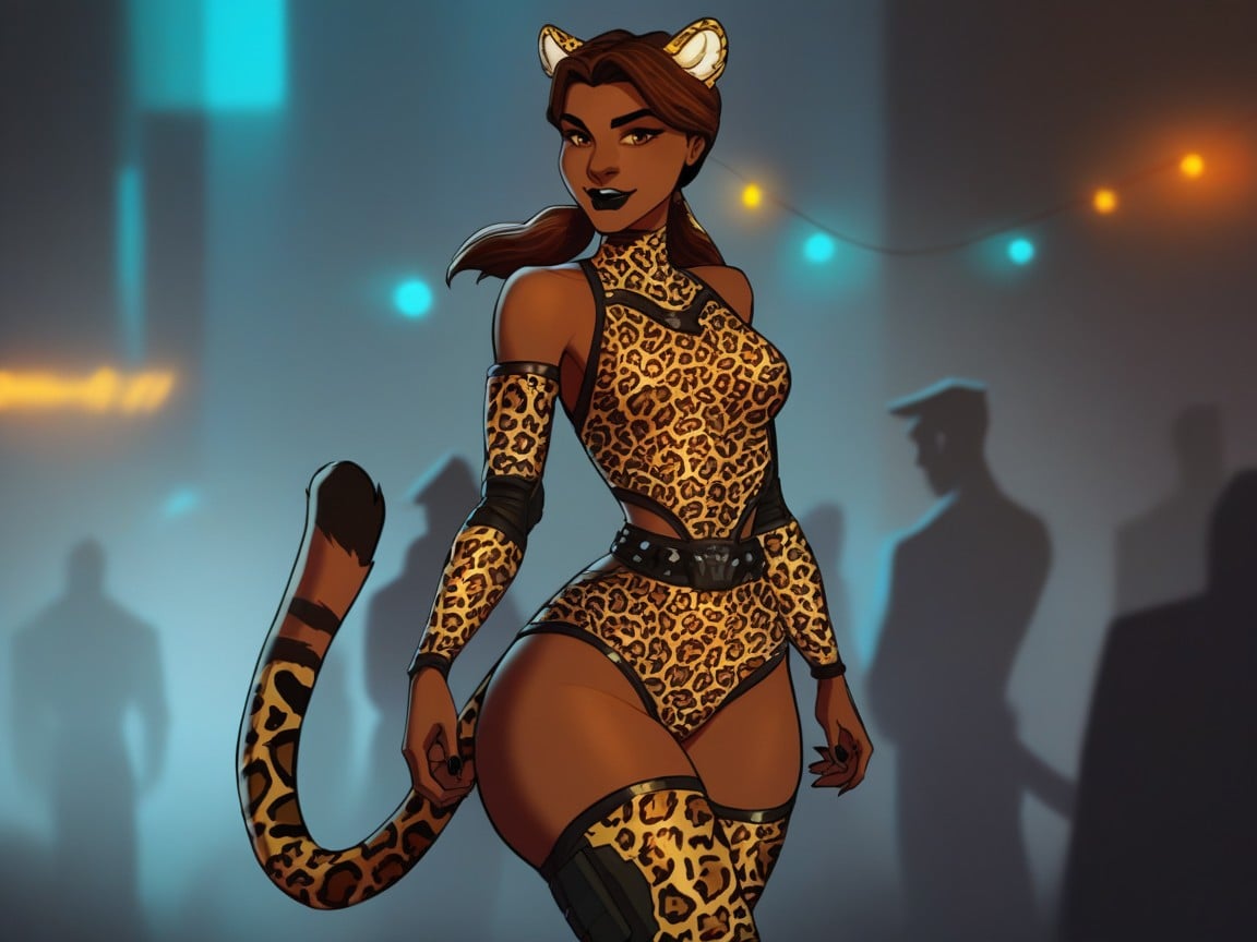Leopard Tail, Futuristic City Alleyway, Sharp Brown Eyes Porno latina IA