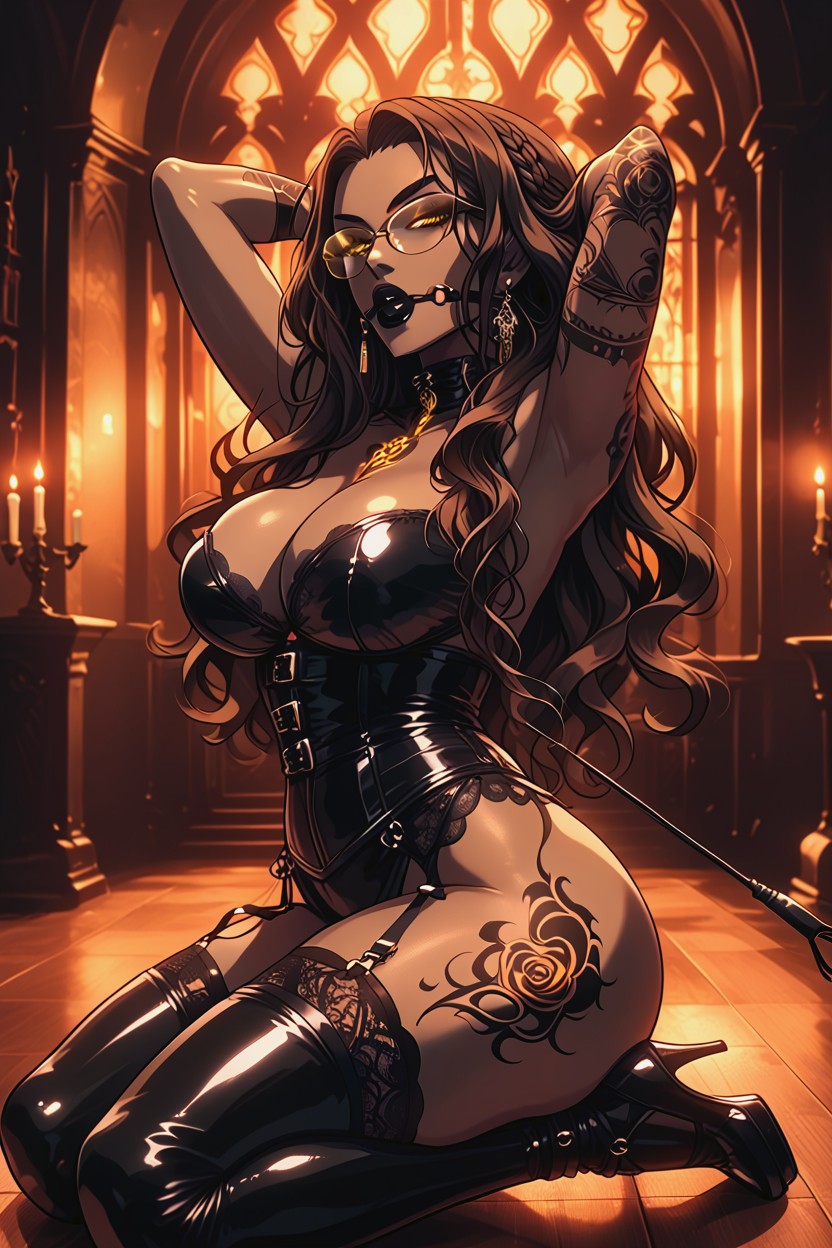 One Hand Resting On Her Thigh, Thigh High Stockings, Amber Eyes Hentai AI Porn