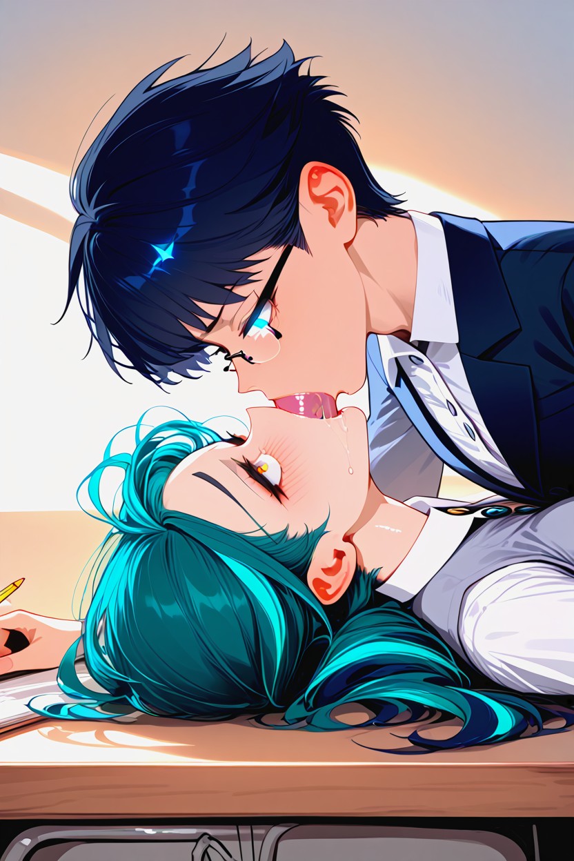 Reverse Deepthroat, Strugling Buttons, Teal Hair Highlights Hentai AI Porn