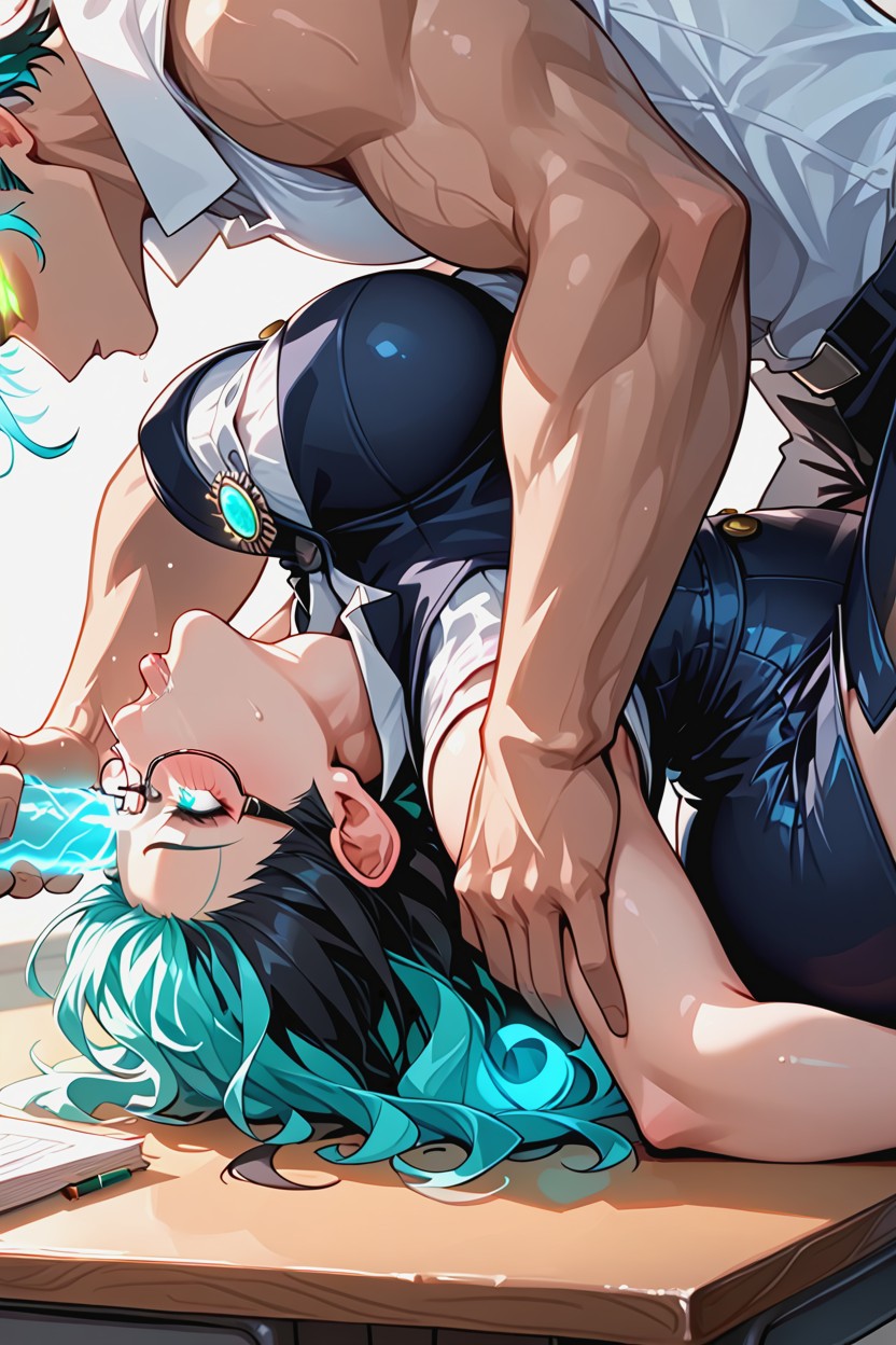 Reverse Deepthroat, Curly Ringed Bangs, Sleeveless Suit Vest Hentai AI Porn