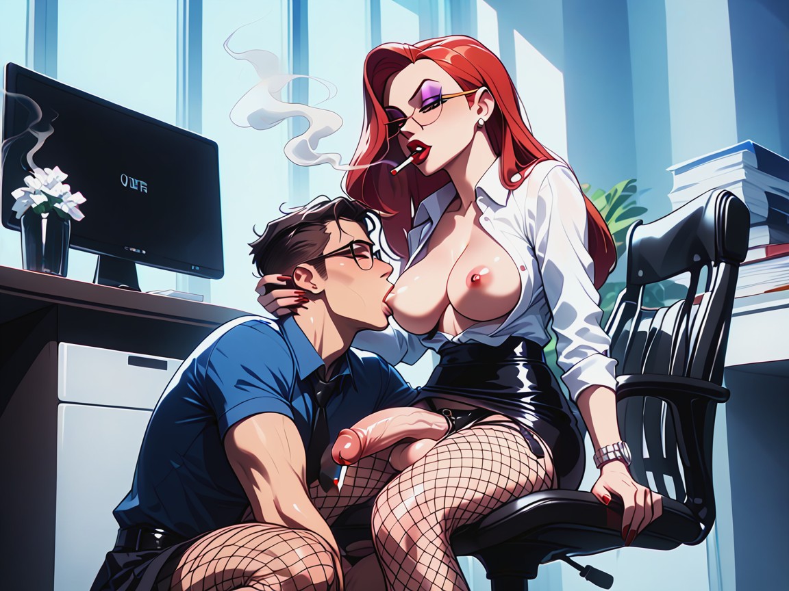 Deepthroating, Glasses, Office Chair Shemale AI Porn
