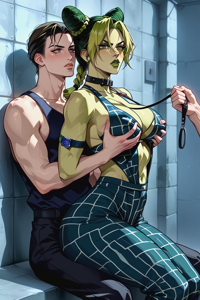 Sitting On Lap, Jolyne Sits Sidwways, Other Woman Pulling On Jolynes Leash Hentai AI Porn