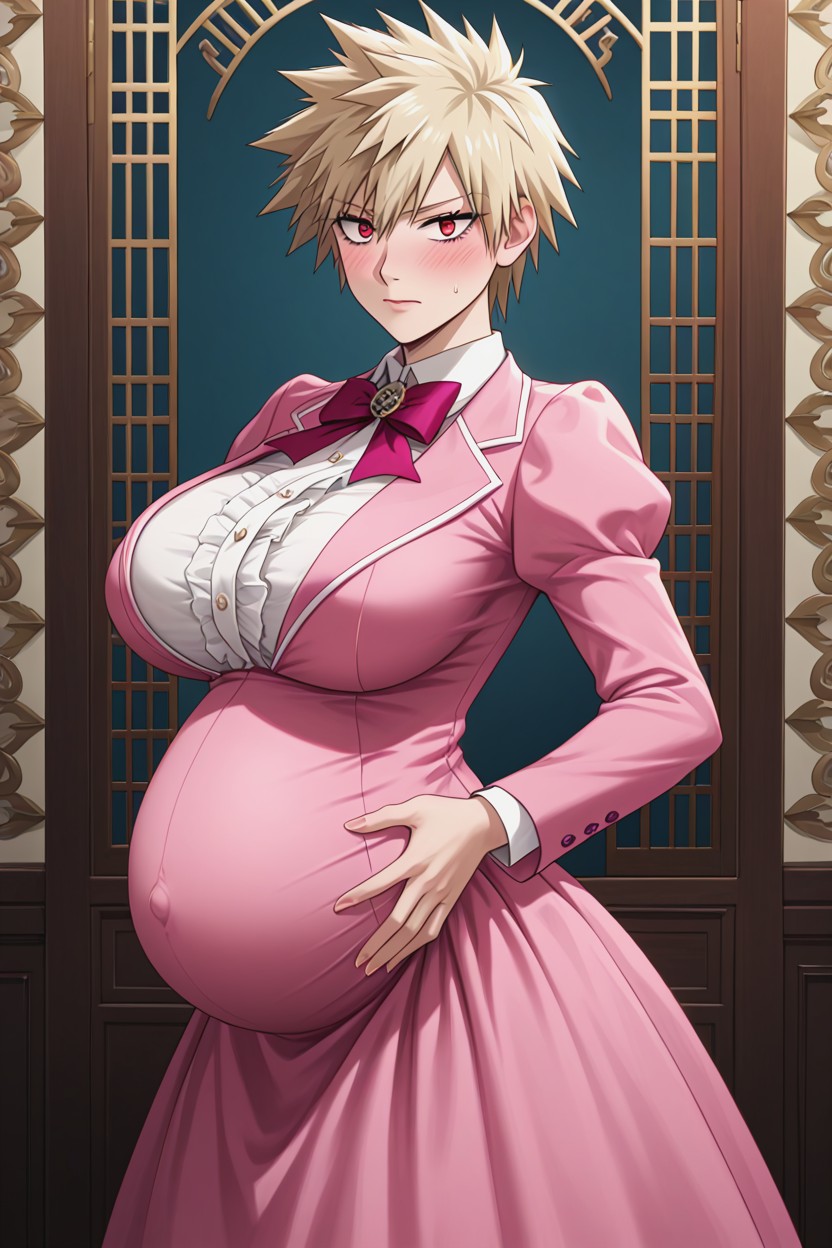 Shiny Pink Suit With Skirt, Hourglass, Embarrassed Blush AI Porn