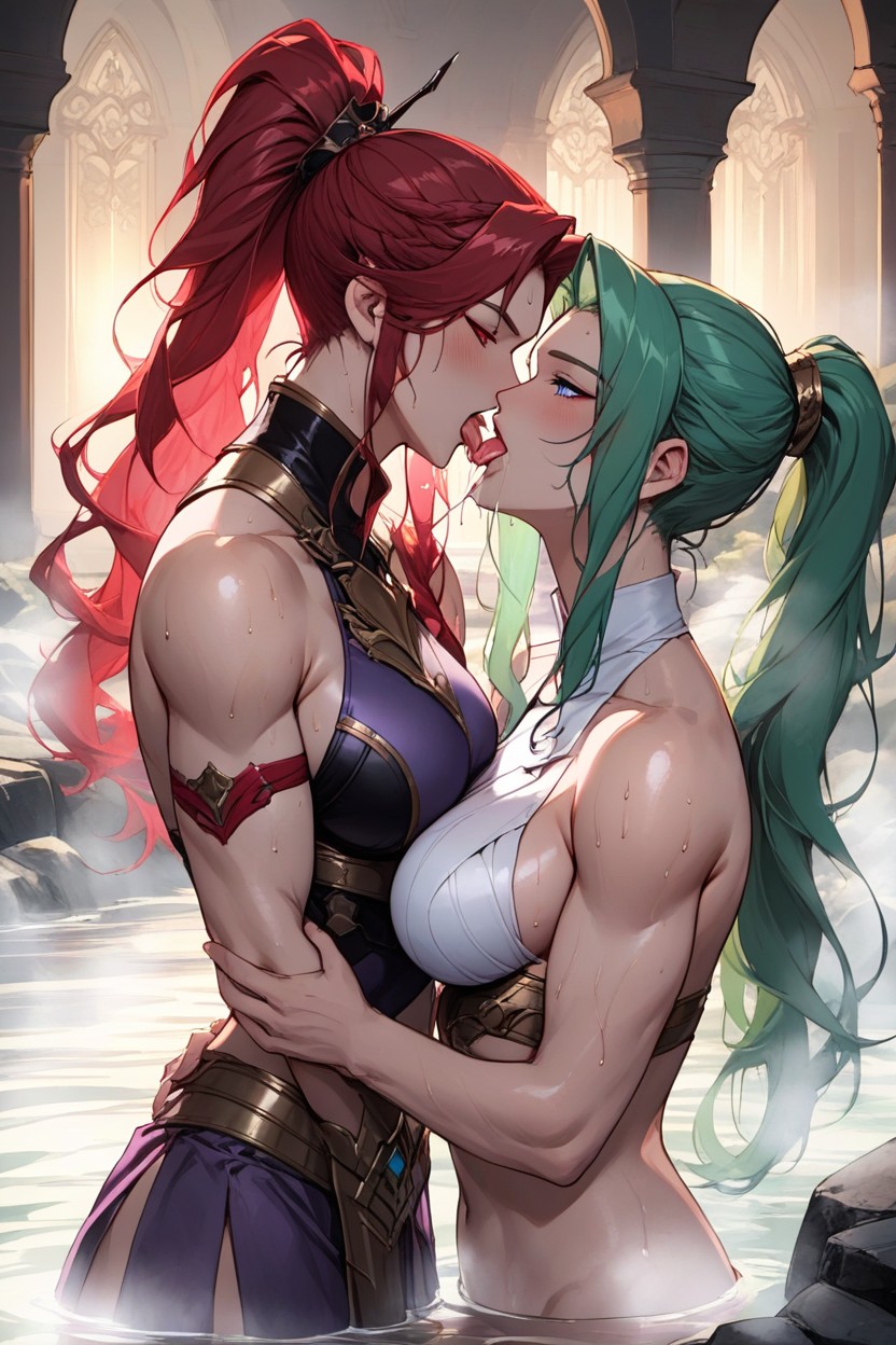 Feathered Bangs Framing Her Face, Hot Tub, Crimson Accents Hentai AI Porn