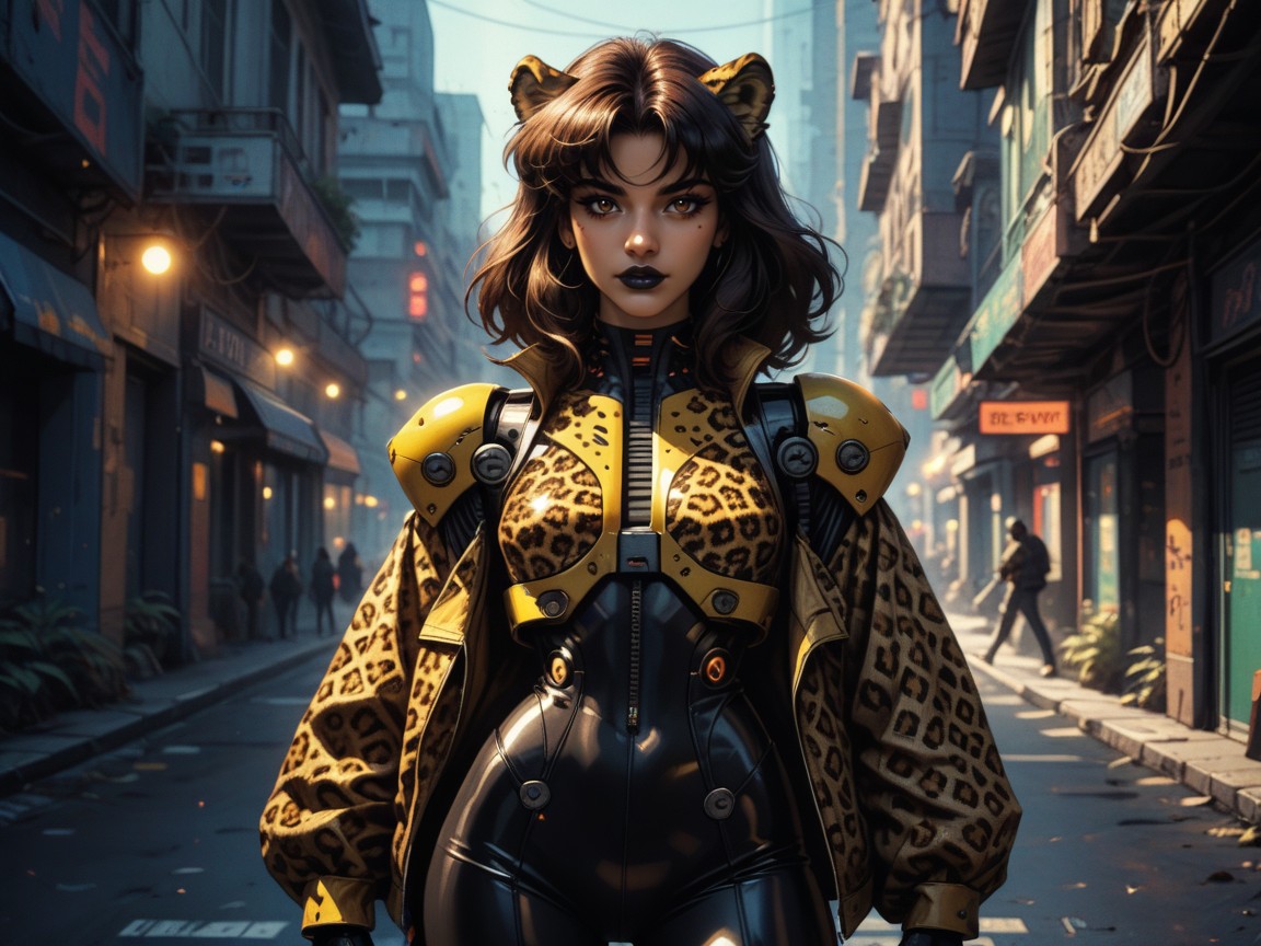 Sharp Brown Eyes, Leopard Ears, Wearing Leopard Print Black Futuristic Clothes And Armor Латинское ИИ порно