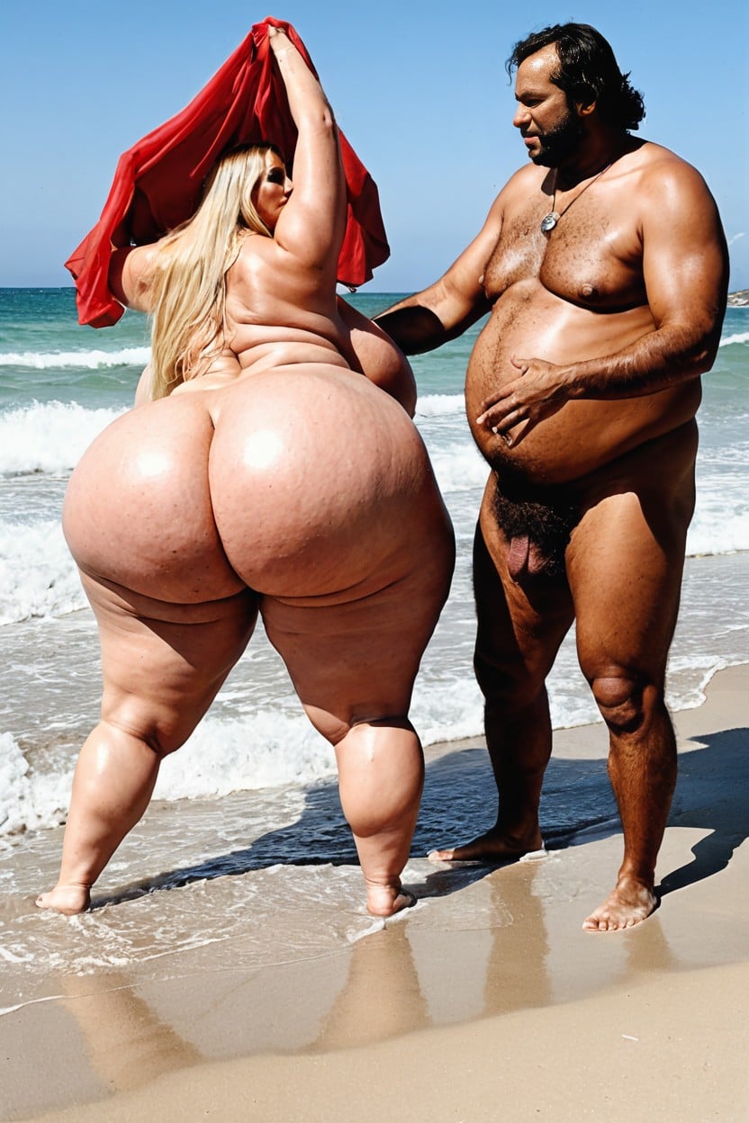 Very Gigantic Insanely Enormous Massive Veiny Breasts, Woman And Man Standing All Naked On A Filthy Beach, Gaped Nipples AI Porn