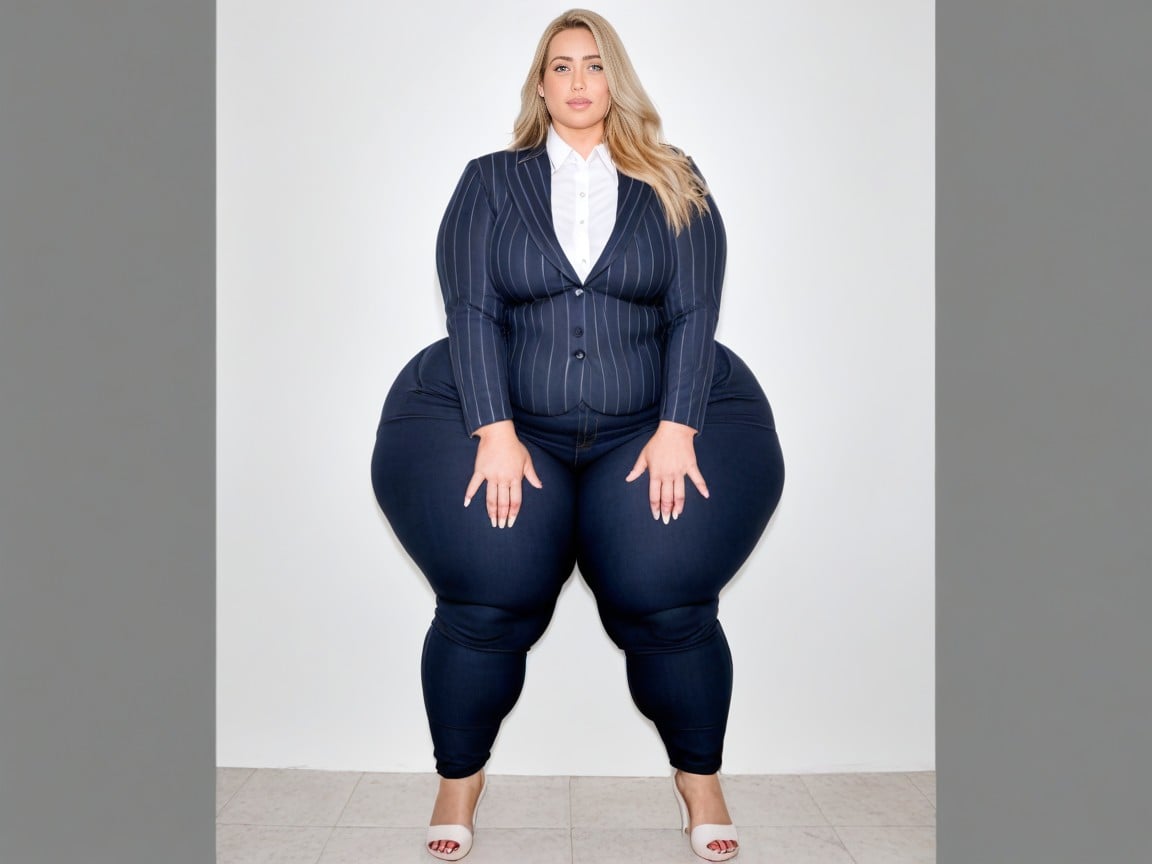 Striped Office Pants, Outgrowing Blazer, Blonde Hair AI Porn