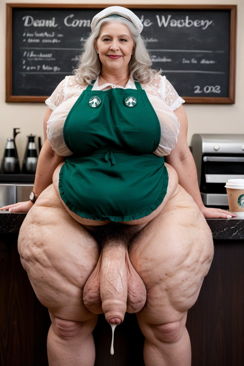 Hyper Hairy Chest Hair Extremely Massive Long Bulge Through Clothing, Fat Saggy Arms, Apron AI Porn