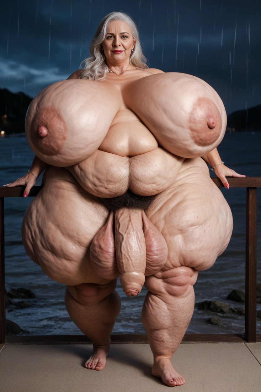 Extremely Large Ass, Extremely Wide Hips, Wet Damp Hair AI Porn