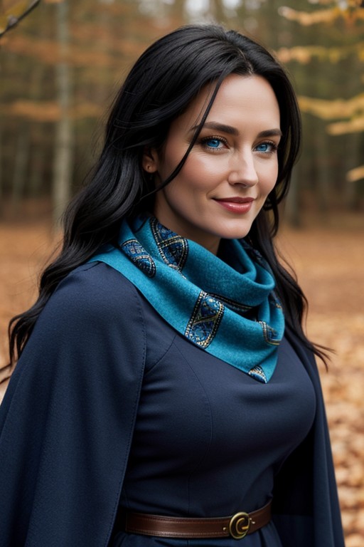 Blue Scarf, Black Hair, Blue Dress AI Porn