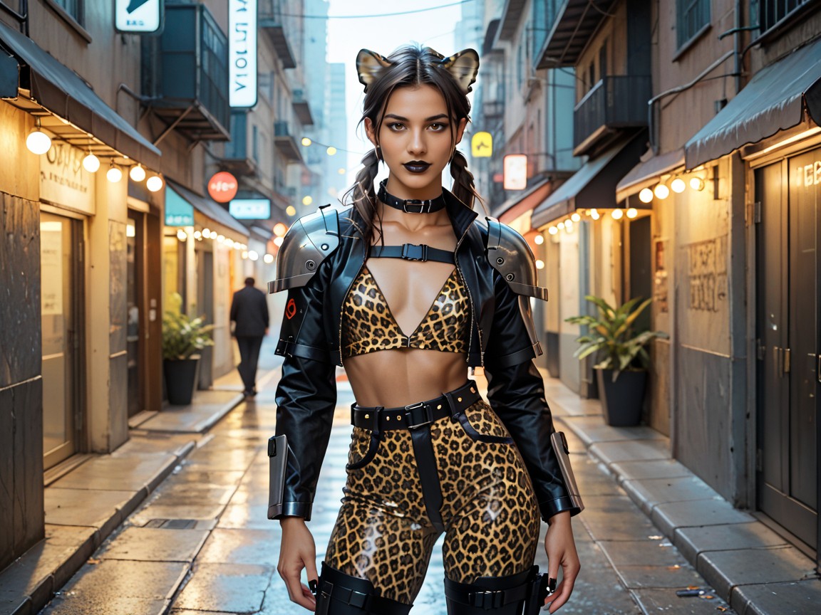 Rounded Ass, Futuristic City Alleyway, Neon Energy Leopard Claws Latina AI Porn