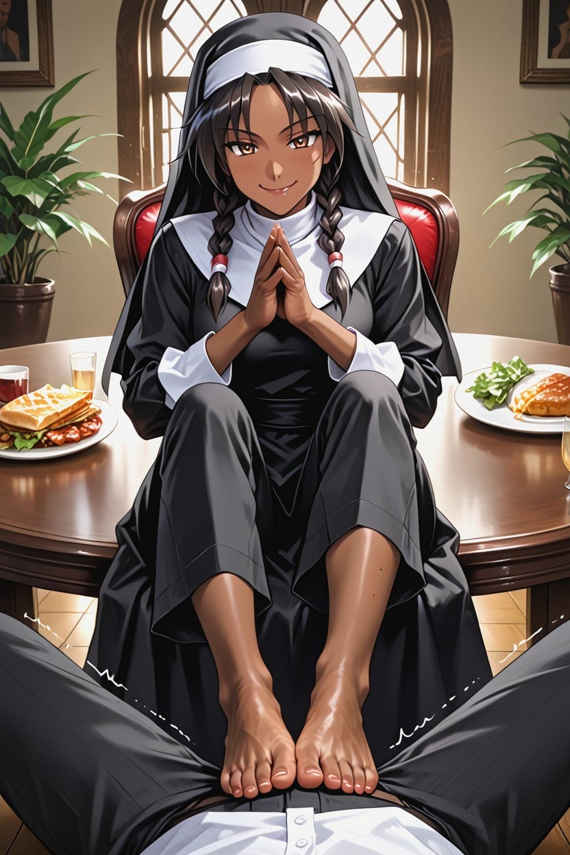 Putting Her Feet On His Lap, Black Hair, Man Sitting On A Chair AI Porn