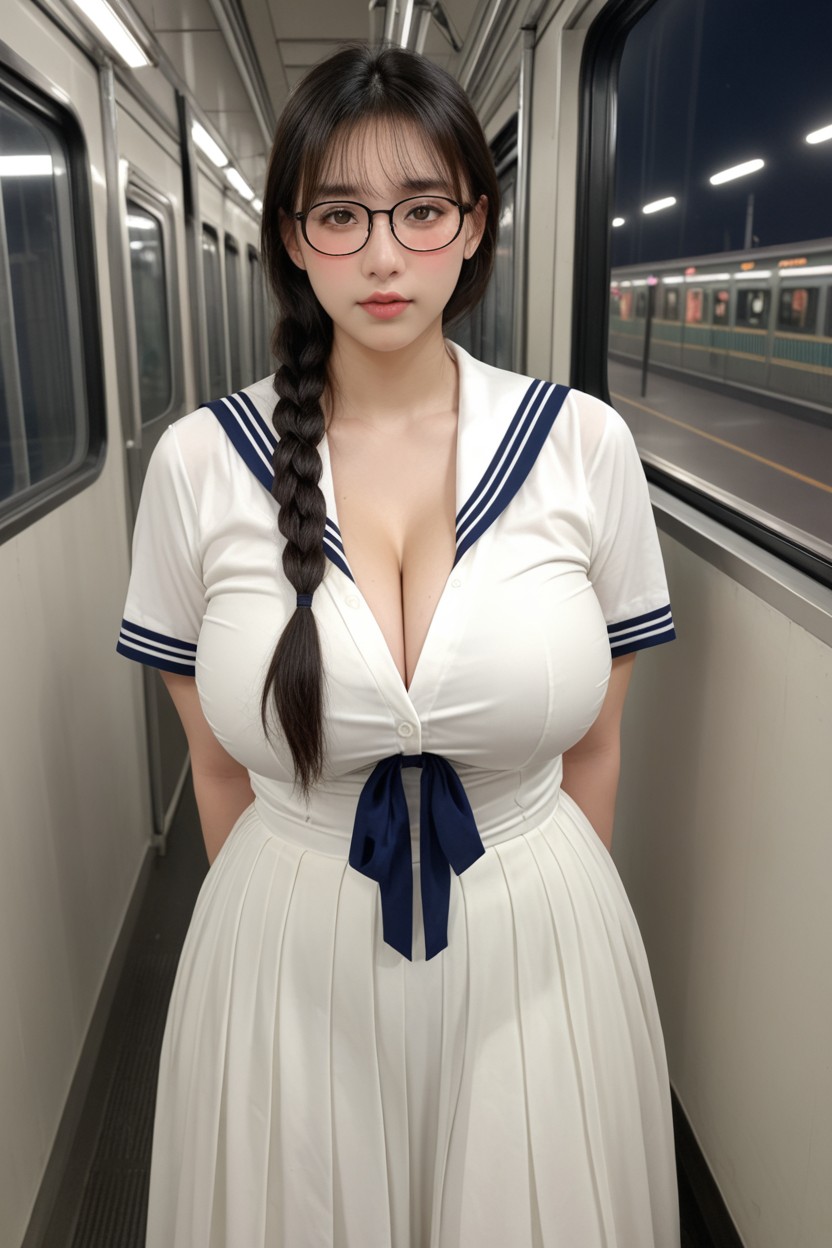 Sheer Beige Blush, Huge Massive Colossal Bulging Cleavage, 黒髪 アジアのAIポルノ