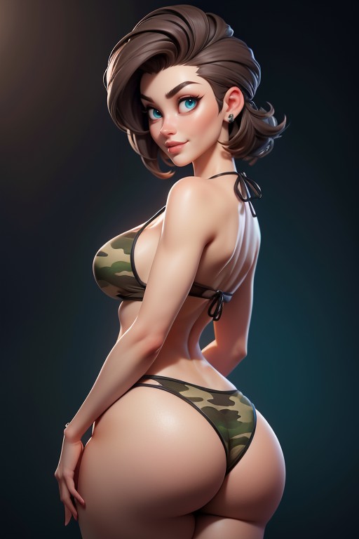 Rear View, Green And Black Military Camouflage Bikini, Massive Ass Hentai AI Porn