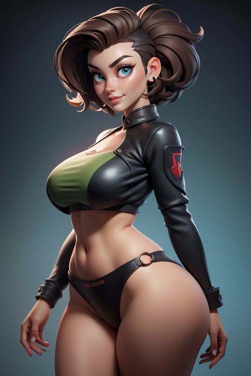 Green And Black Military Camouflage Bikini, Blue Eyes, Rear View Of Large Round Bubble Ass Hentai AI Porn