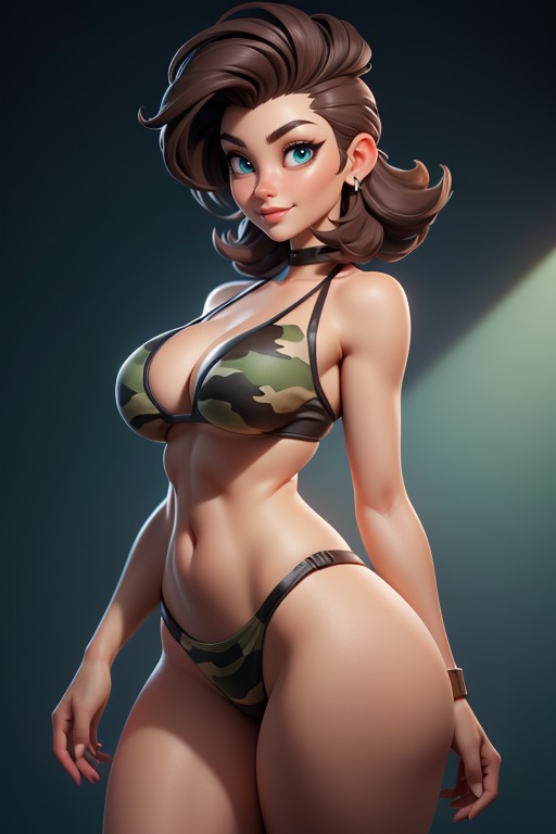 Rear View, Thick Thighs, Green And Black Military Camouflage Bikini Hentai AI Porn