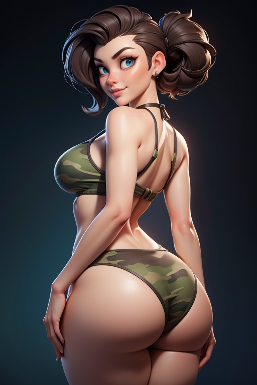 Thick Thighs, Rear View, Green And Black Military Camouflage Bikini Hentai AI Porn
